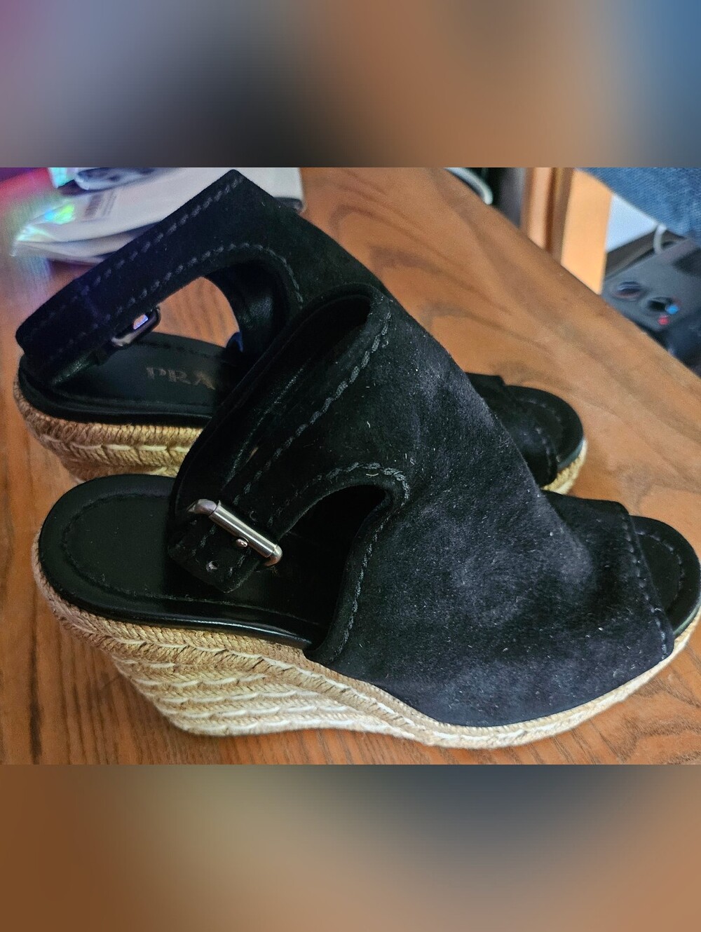 Prada Authintic!! Black Suede Espadrille Wedge Sandals Size 7